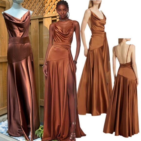 🆕 BRONX & BANCO 🧿 NWOT Leo Chocolate Brown Silk-Blend Maxi Dress, Sz L US 8 - Picture 1 of 16